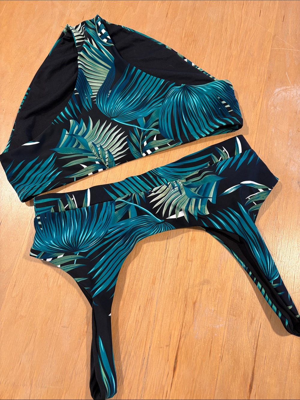 Source Unknown Teal and Black Tropical Leaf Bikini Set